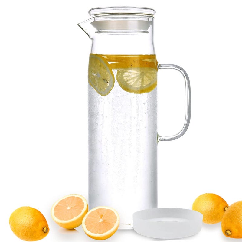 hjn Glass Pitcher with Lid Glass Water Carafe with Handle, Fridge Water Jug Cold or Hot Beverages, Iced Tea, Milk, Juice 1500ml/51oz & glass lid - Image 1